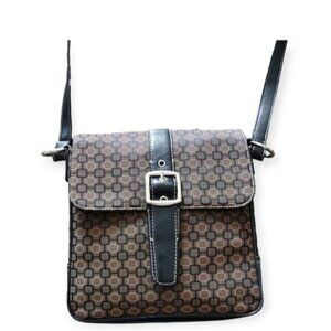 Nine West Brown GEOMETRIC printed canvas and leather messenger crossbody bag